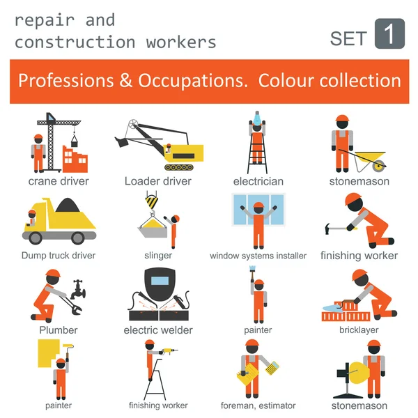 Conjunto de iconos de profesiones y ocupaciones de color. Reparación y constr — Vector de stock