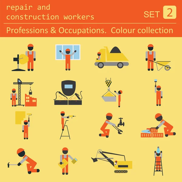 Profissões e ocupações conjunto de ícones coloridos. Reparação e constr — Vetor de Stock