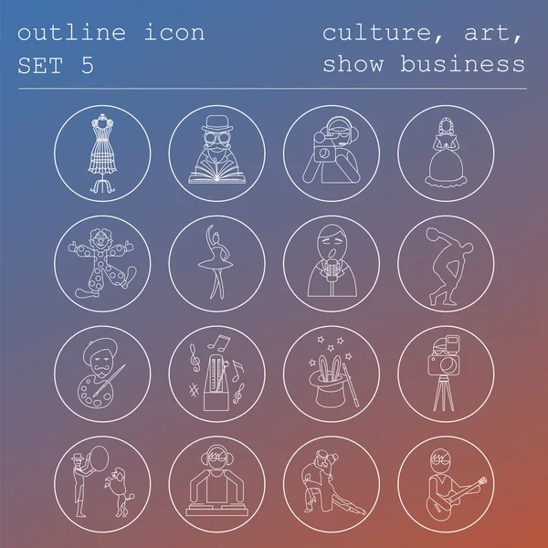 Beroepen en beroepen omtrek pictogramserie. Cultuur, kunst, weergeven — Stockvector