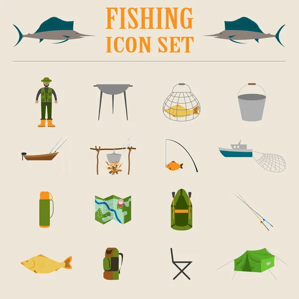 Equipo de pesca icono conjunto — Vector de stock