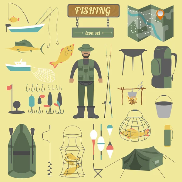 Equipo de pesca icono conjunto . — Vector de stock