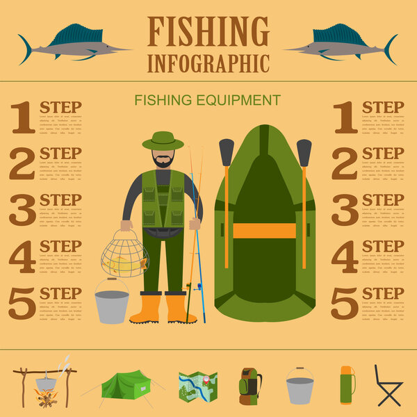 Инфографические элементы рыболовства, преимущества рыболовства и деструктивные f
