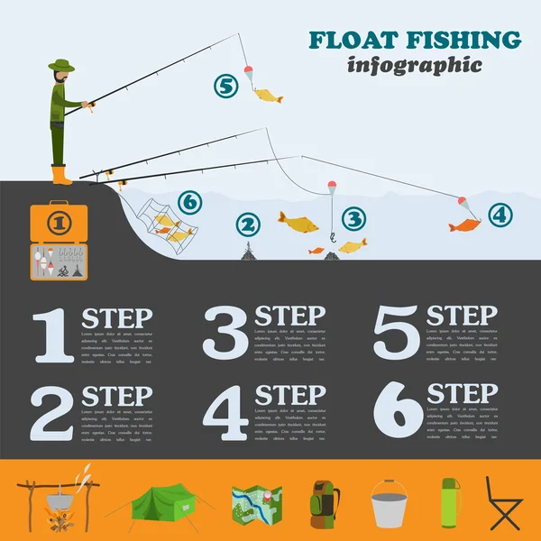 Infográfico de pesca. Pesca flutuante. Definir elementos para criar yo — Vetor de Stock