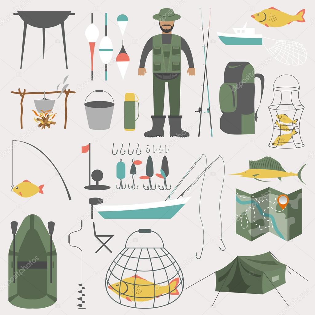 Fishing equipment icon set.