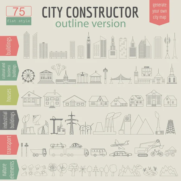 Şehir haritası jeneratör. Mükemmel şehir oluşturmak için öğeleri. Out — Stok Vektör