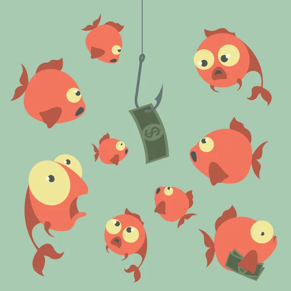 Cartoon vector concept. Fishing. Finances. Business risks. Banks — Stock Vector