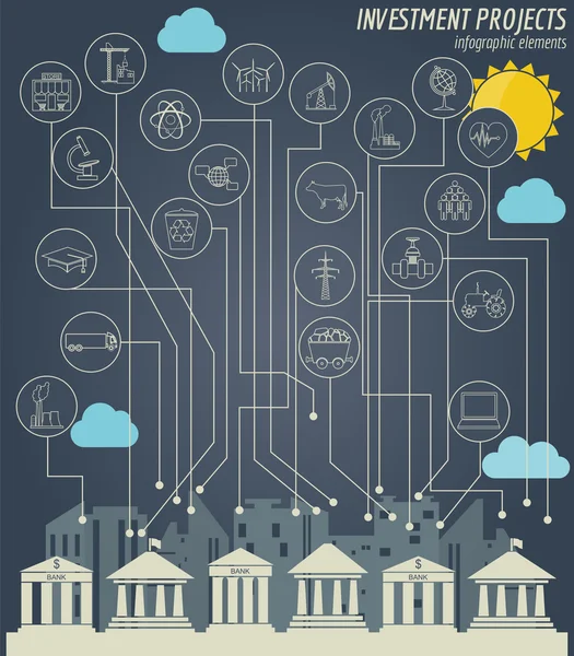 Economics and finance infographic. Investment projects. Banks. E — Stock Vector