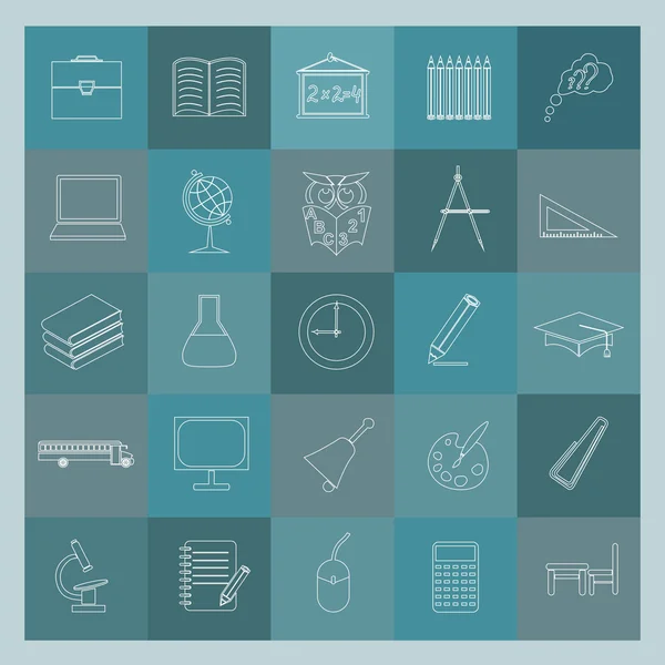 Conjunto de iconos Esquema Educación y escuela. Diseño lineal plano — Vector de stock