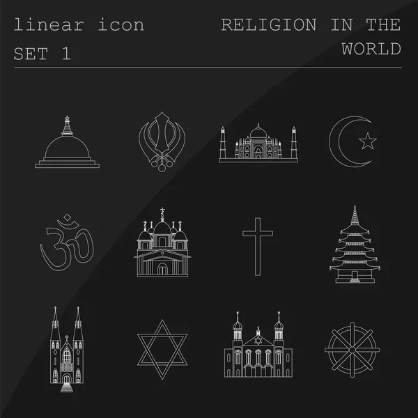 Conjunto de iconos de esquema Religión en el mundo. Diseño lineal plano — Vector de stock