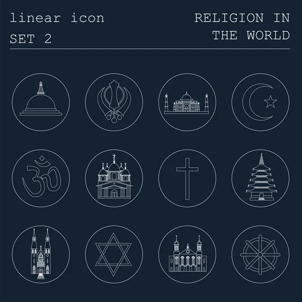 Conjunto de iconos de esquema Religión en el mundo. Diseño lineal plano — Vector de stock