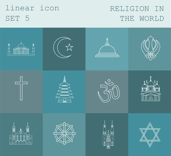 Conjunto de iconos de esquema Religión en el mundo. Diseño lineal plano — Archivo Imágenes Vectoriales