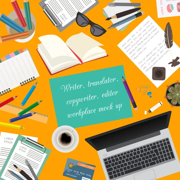 Workspace of the writer, translator, copywriter, editor. Mock up — Stock Vector