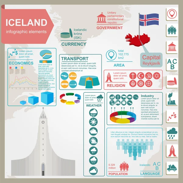 Island infographics, statistiska uppgifter, sevärdheter. — Stock vektor