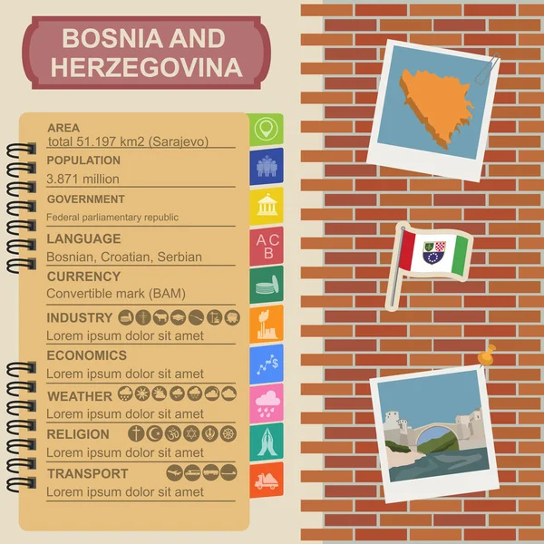 Bosznia és Hercegovina infographics, statisztikai adatok, látnivalók — Stock Vector