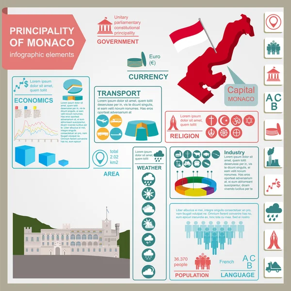 Mônaco infográficos, dados estatísticos, pontos turísticos —  Vetores de Stock