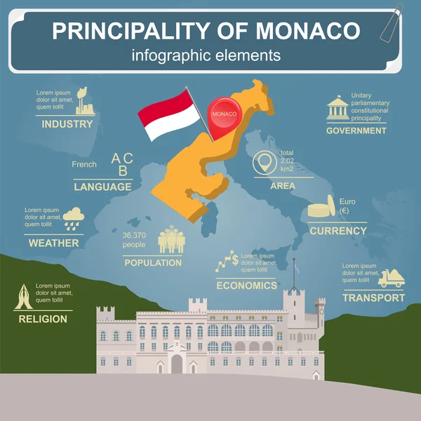 Monaco-Infografiken, statistische Daten, Sehenswürdigkeiten — Stockvektor