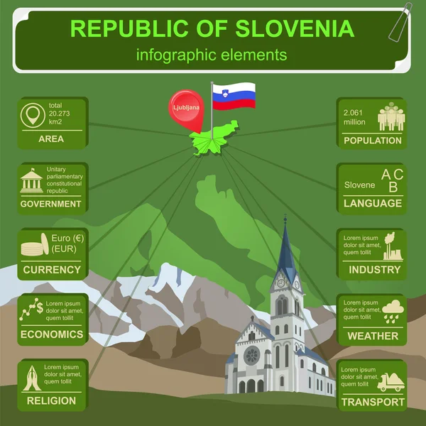 Eslovénia infográficos, dados estatísticos, pontos turísticos —  Vetores de Stock