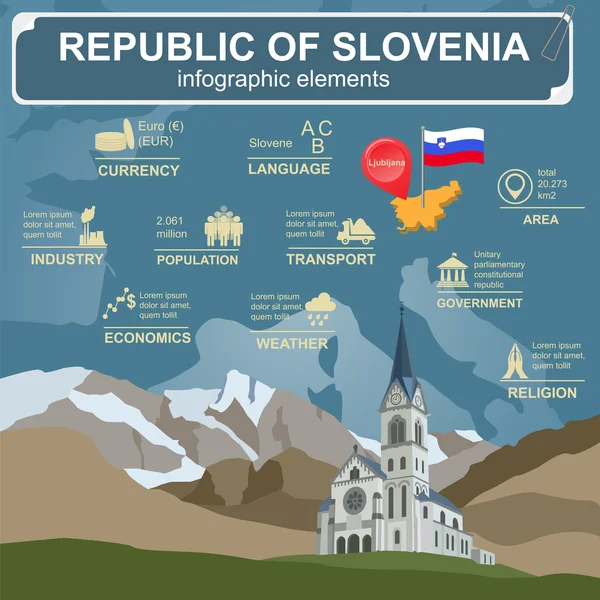 슬로베니아 인포 그래픽, 통계 데이터, 명소 — 스톡 벡터