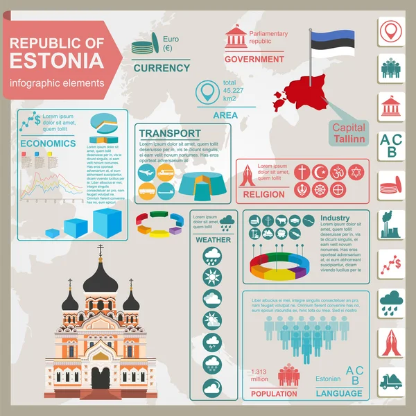 Észtország infographics, statisztikai adatok, látnivalók. — Stock Vector
