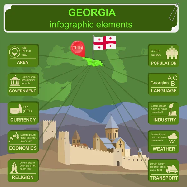 Georgia infografiky, statistické údaje, památky — Stockový vektor