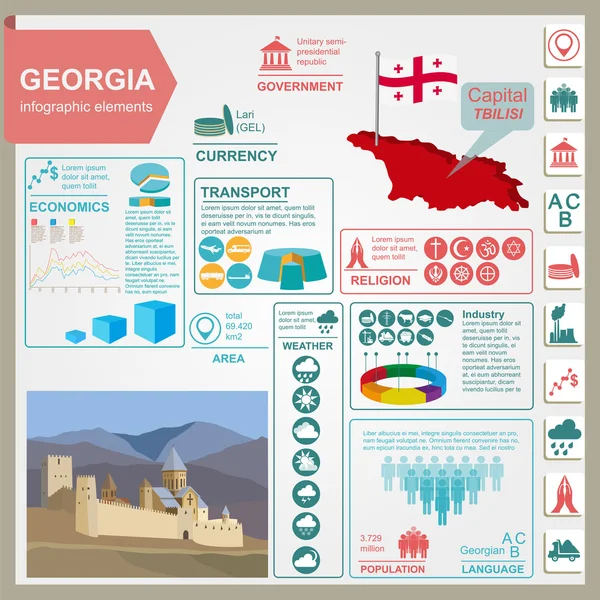 Инфографика Грузии, статистические данные, достопримечательности — стоковый вектор