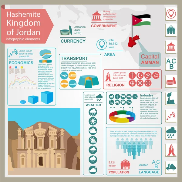 Jordan infographics, statistiska uppgifter, sevärdheter — Stock vektor