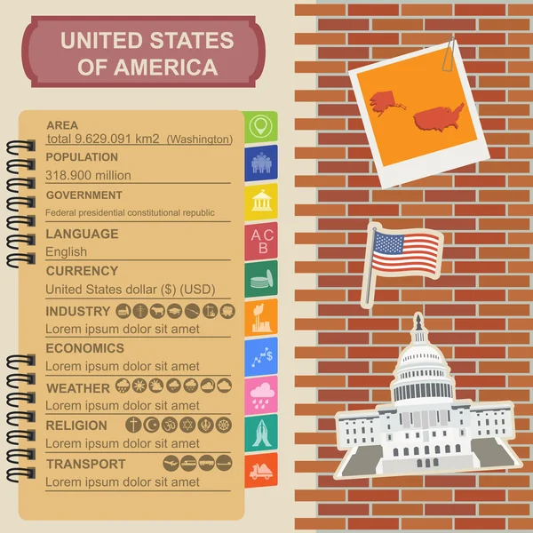 아메리카 합중국 인포 그래픽, 통계 데이터, 명소 — 스톡 벡터