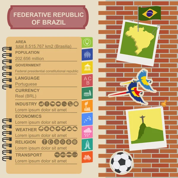 Brasile infografica, dati statistici, luoghi d'interesse — Vettoriale Stock
