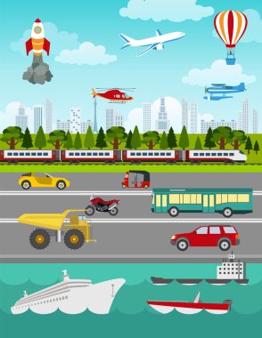 Transport infographics elements. Cars, trucks, public, air, wate clipart