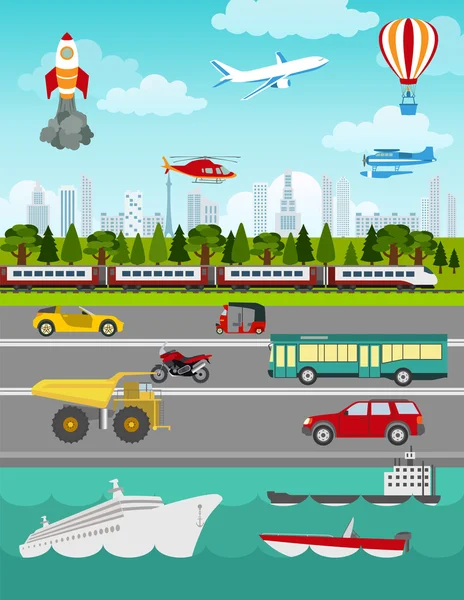 Vervoer infographics elementen. auto's, vrachtwagens, publiek, lucht, wate — Stockvector
