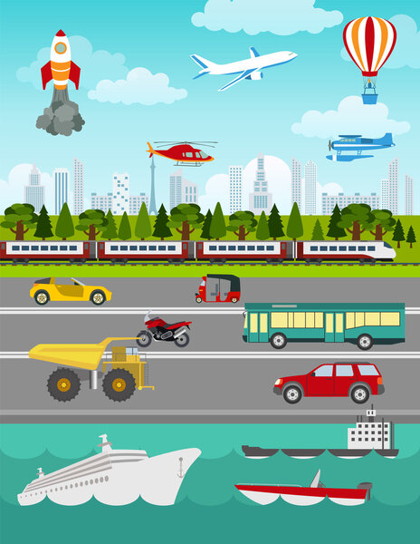 Transport infographics elements. Cars, trucks, public, air, wate