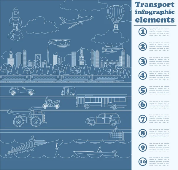 Vervoer infographics elementen. auto's, vrachtwagens, publiek, lucht, wate — Stockvector