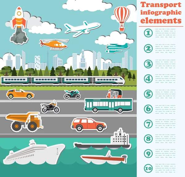 Vervoer infographics elementen. auto's, vrachtwagens, publiek, lucht, wate — Stockvector