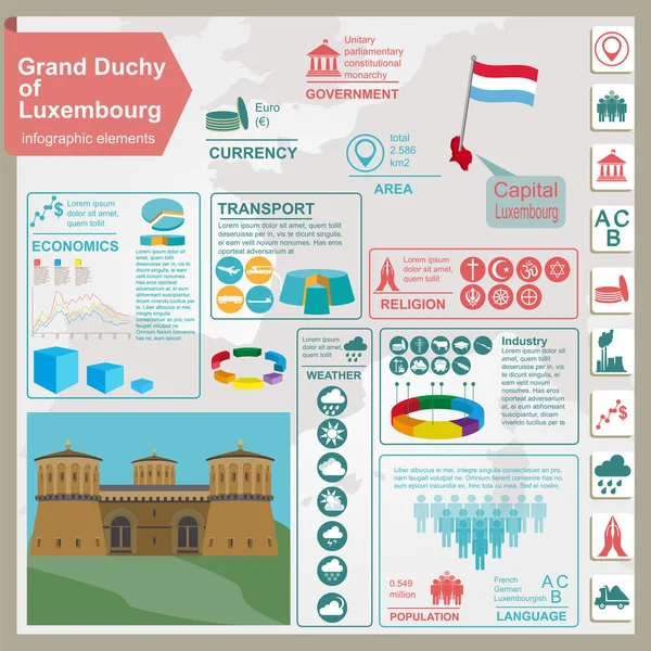 Luxemburg Infografiken, statistische Daten, Sehenswürdigkeiten. — Stockvektor
