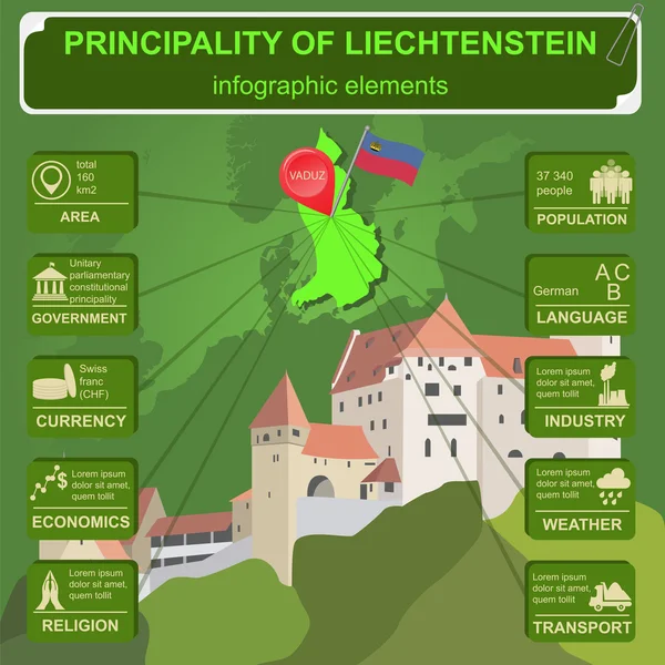 Liechtenstein infografica, dati statistici, luoghi d'interesse — Vettoriale Stock