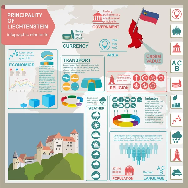 Liechtenstein infographics, statistical data, sights — Stock Vector