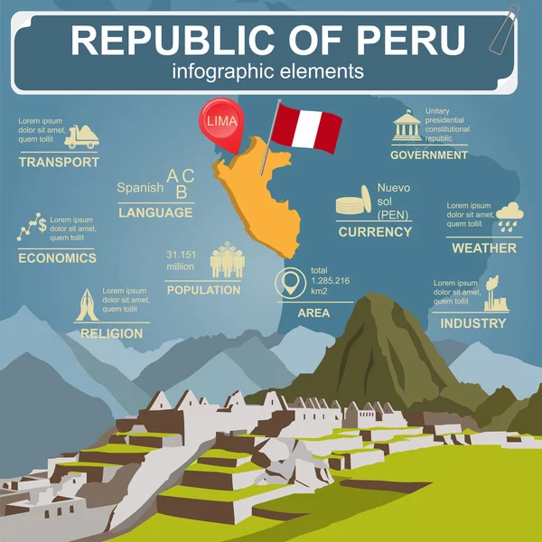 Peru infographics, statistiska uppgifter, sevärdheter — Stock vektor