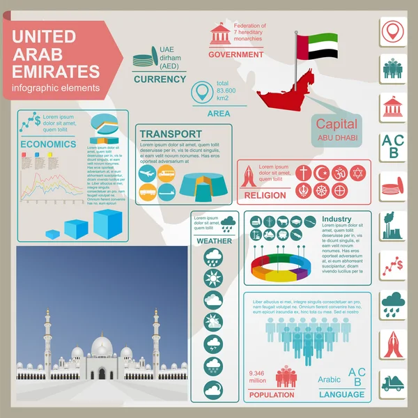 Yhdistyneet arabiemiirikunnat infografiikka, tilastotiedot, nähtävyydet — vektorikuva