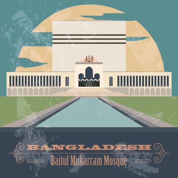 Puntos de referencia de Bangladesh. Mezquita Baitul Mukarram. Imag estilo retro — Archivo Imágenes Vectoriales