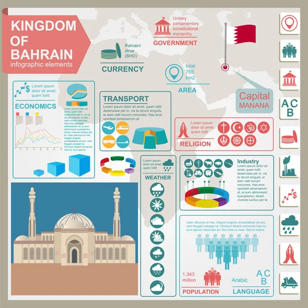 Bahrain-Infografiken, statistische Daten, Sehenswürdigkeiten. — Stockvektor