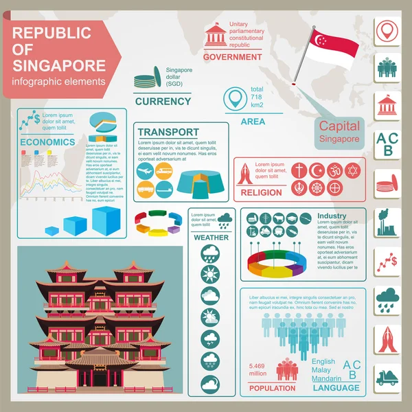 Singapore infographics, statistische gegevens, bezienswaardigheden. — Stockvector