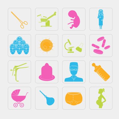 Gynecology and pregnancy icon set. Motherhood elements. Construc