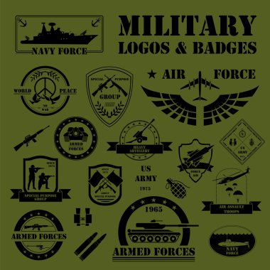Military and armored vehicles logos and badges. Graphic template clipart