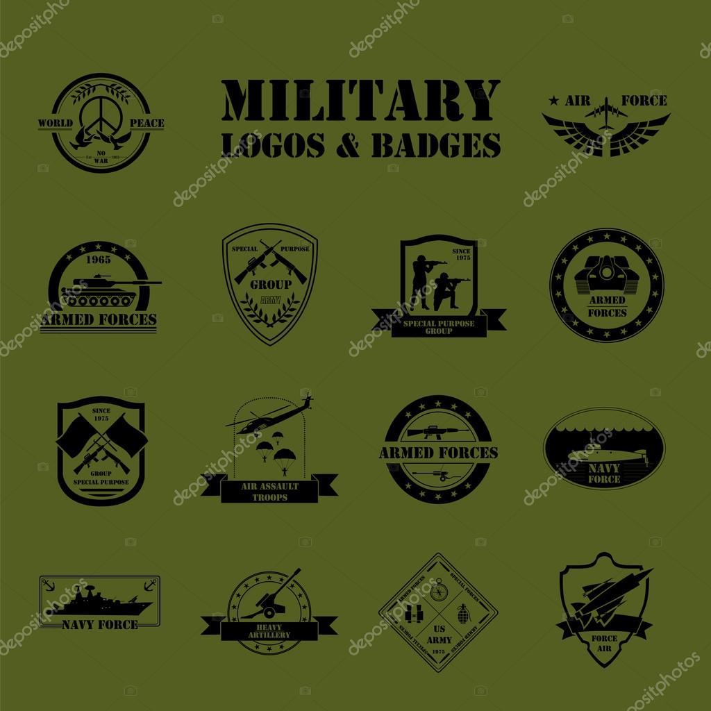Military and armored vehicles logos and badges. Graphic template. Vector illustration