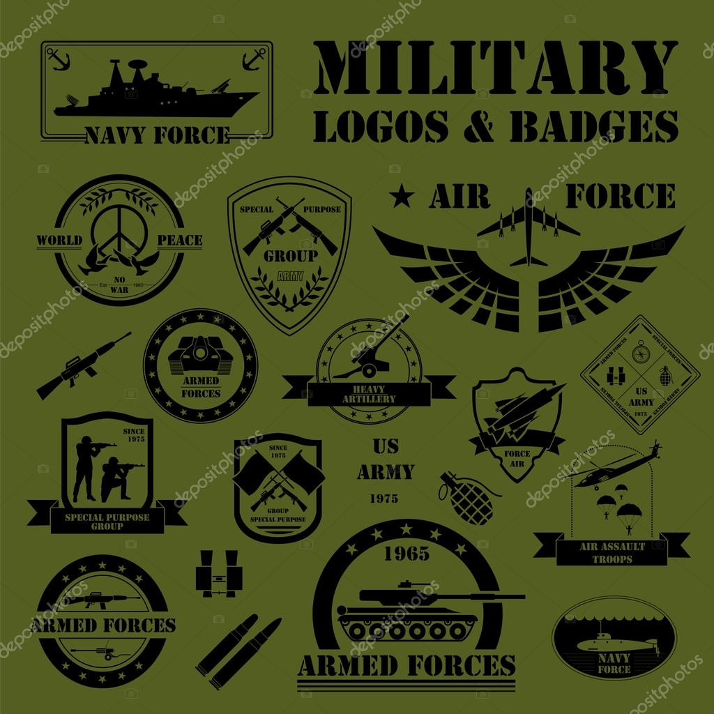 Military and armored vehicles logos and badges. Graphic template. Vector illustration