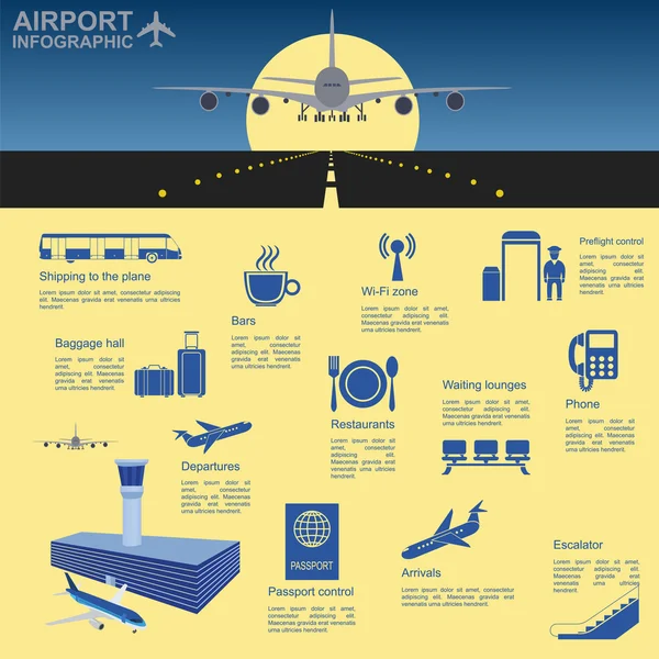 Αεροδρόμιο, αεροπορικά ταξίδια infographic με στοιχεία σχεδίασης. Infographi — Διανυσματικό Αρχείο