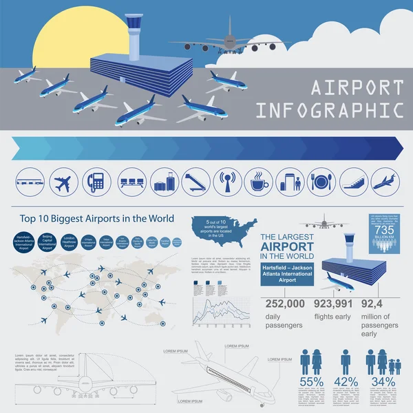 Aeroporto, viaggio aereo infografica con elementi di design. Infographi — Vettoriale Stock