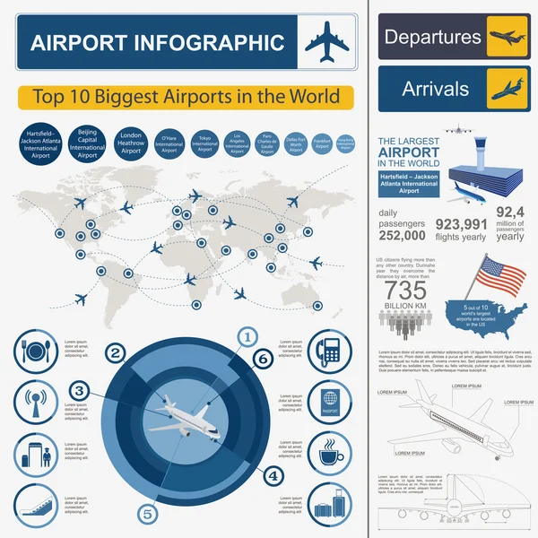 Аэропорт, авиаперелеты инфографика с элементами дизайна. Ографы — стоковый вектор