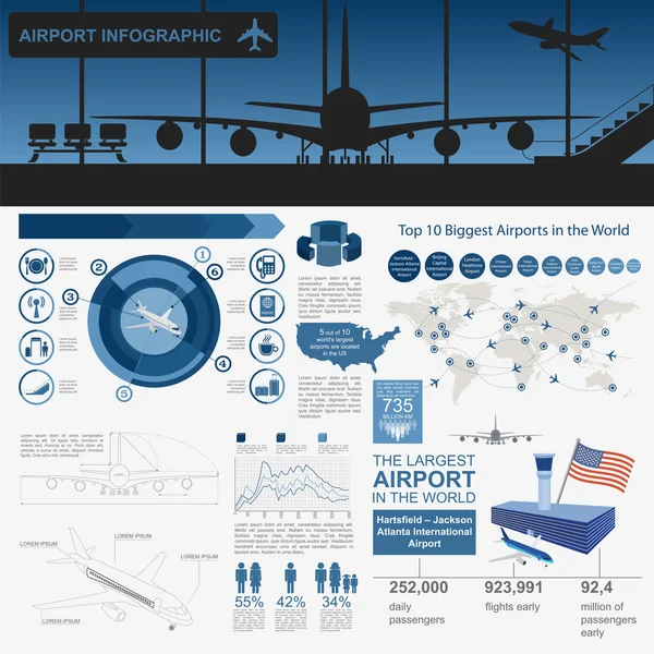 Aeropuerto, infografía de viaje aéreo con elementos de diseño. Infografías — Archivo Imágenes Vectoriales