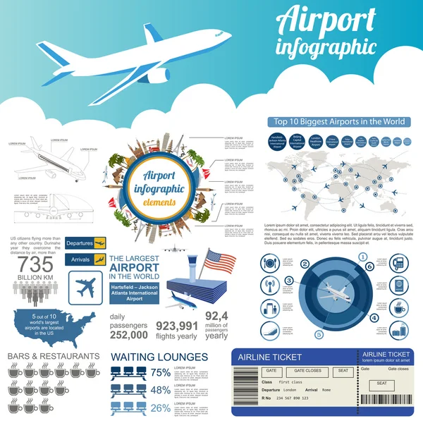 Αεροδρόμιο, αεροπορικά ταξίδια infographic με στοιχεία σχεδίασης. Infographi — Διανυσματικό Αρχείο